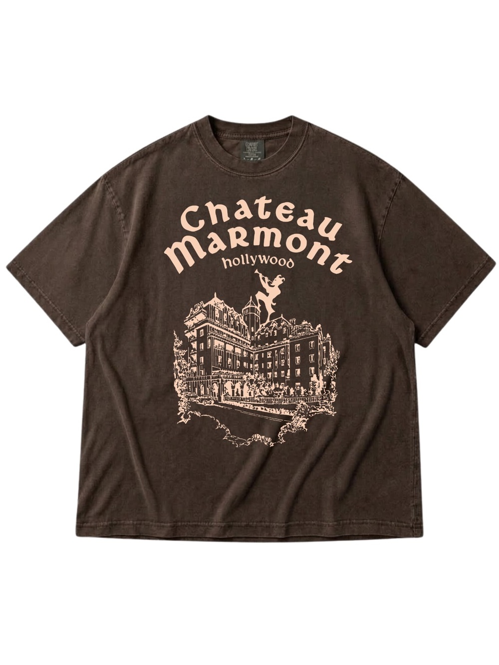Comfort Colors Espresso Chateau Marmont Graphic Tee with Pale Beige Print